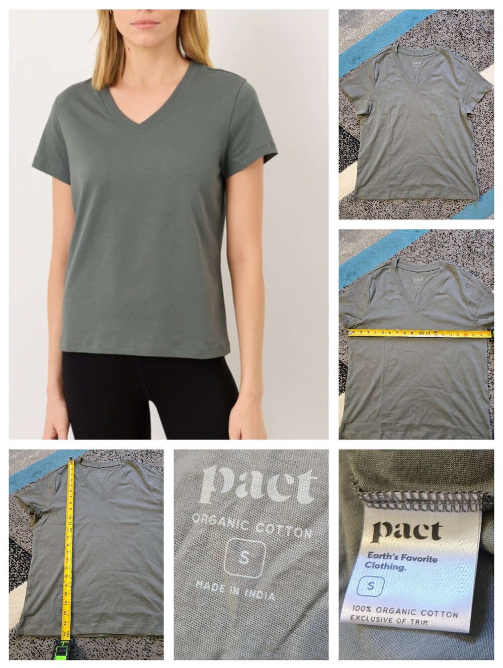 Pact Women's Castor Green Softspun V Neck Tee, Small, NWOT